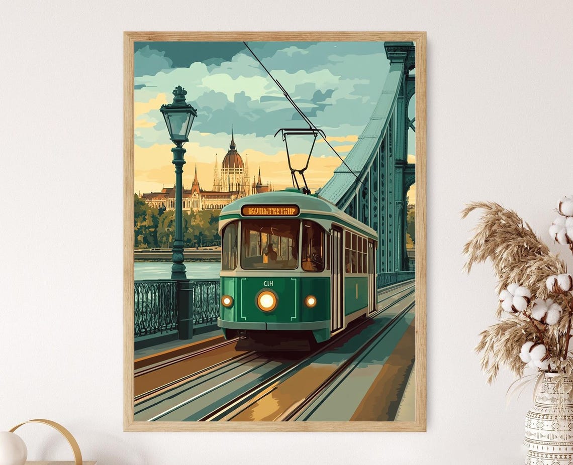 Budapest Liberty Bridge Vintage Tram Poster Green Streetcar City Art