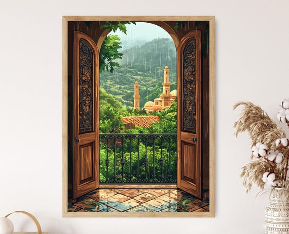 Ibb Yemen City Open Balcony View In Rain Green Hills And Traditional Islamic Architecture Art Print