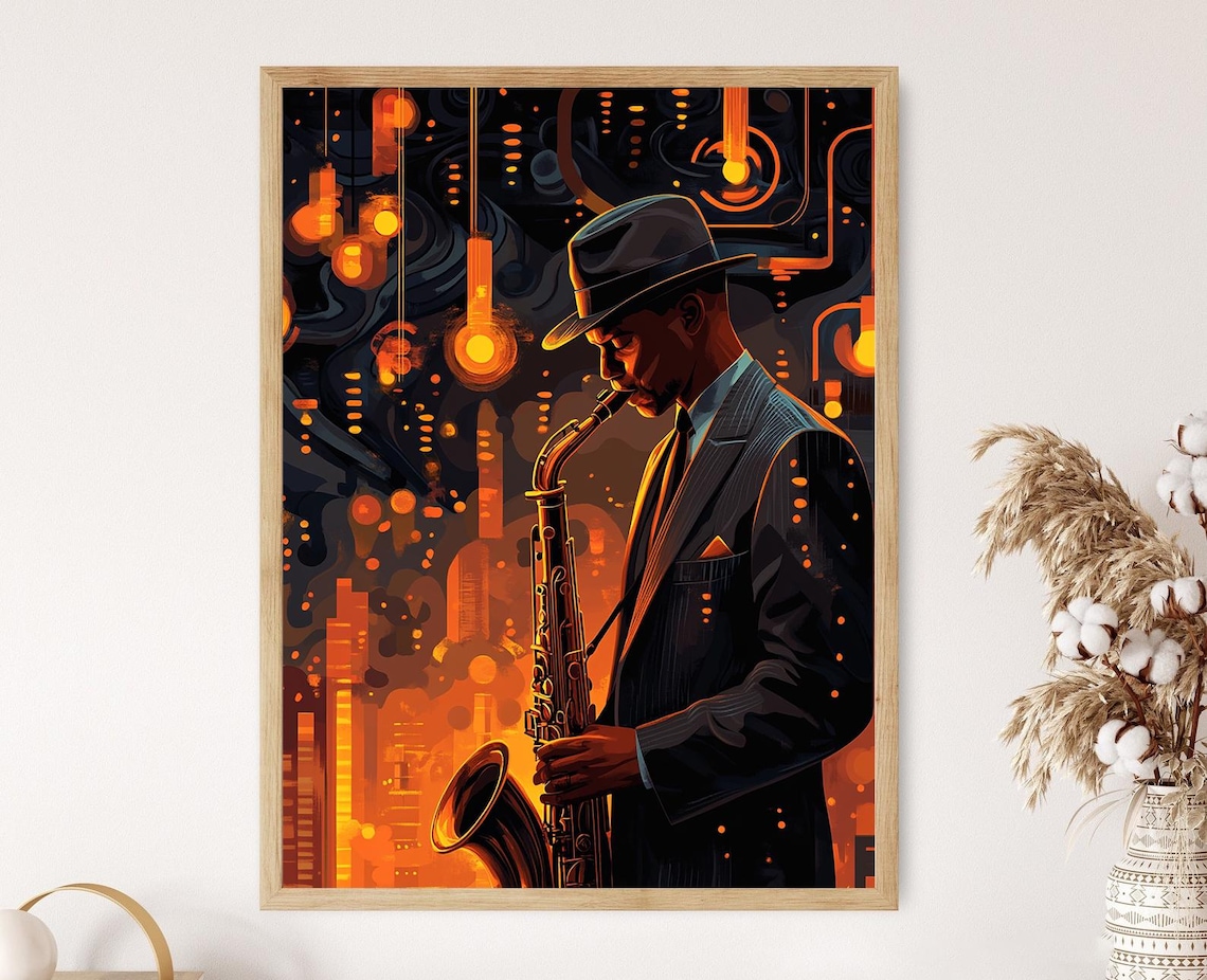 Jazz Saxophonist Illustration, Vintage Jazz Club Scene