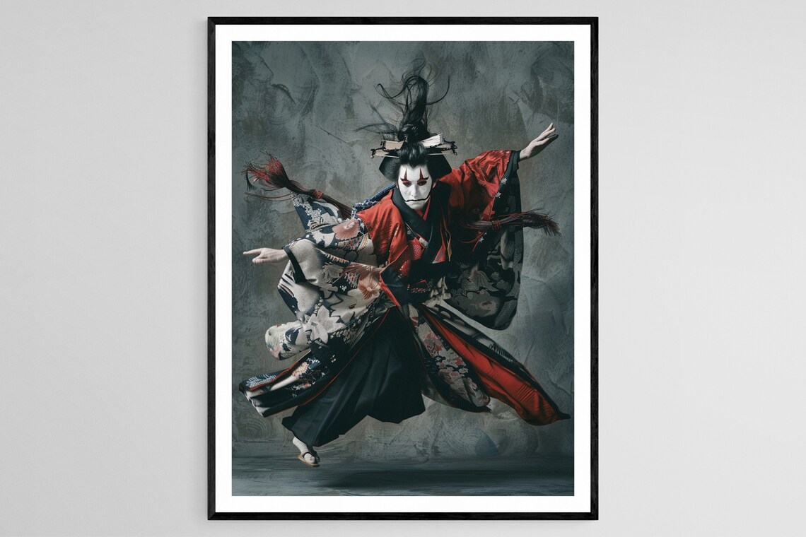 Kabuki Dancer Leaping in Red Kimono Dynamic Japanese Theatre Photo Poster