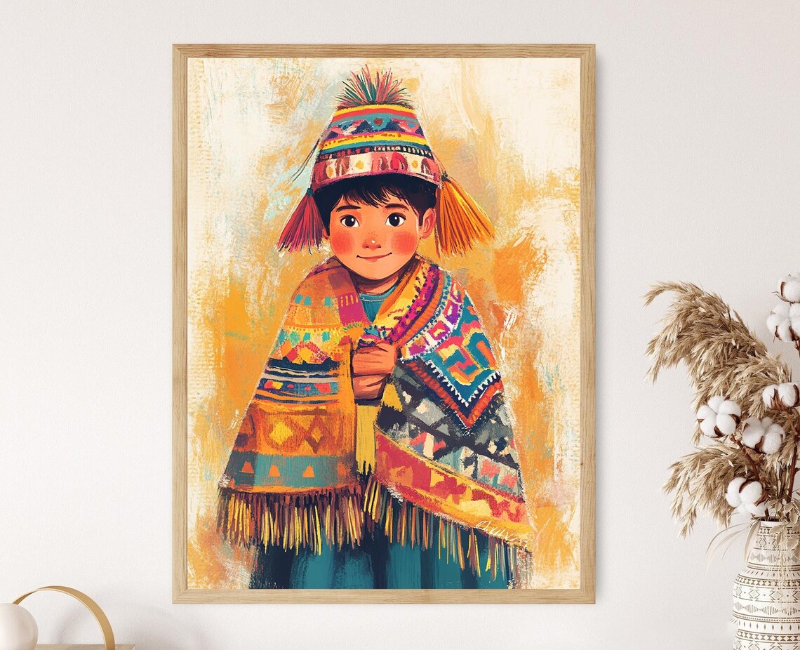 Peruvian Boy Chullo Hat Fringed Poncho Andean Folk Art Poster