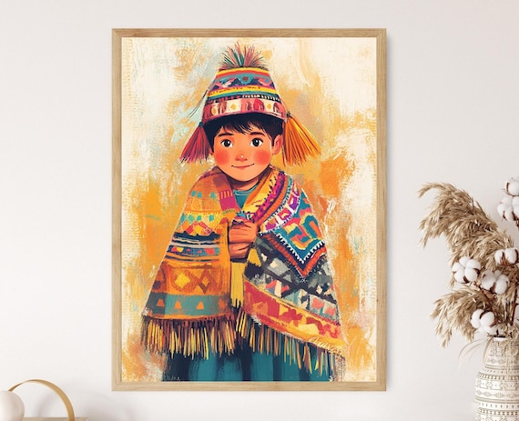 Peruvian Boy Chullo Hat Fringed Poncho Andean Folk Art Poster