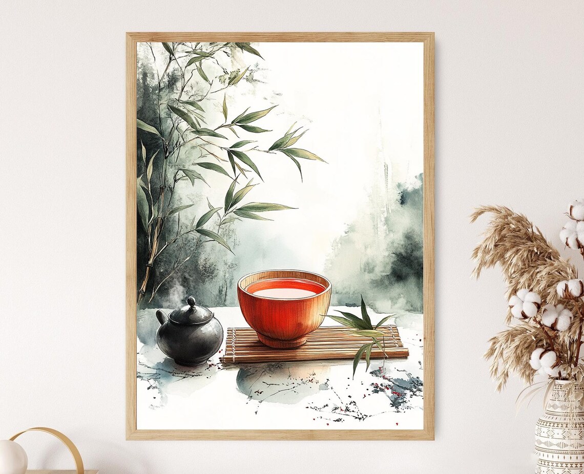 Longjing Tea Art Print Bamboo Cup With Ink Brush Patterns