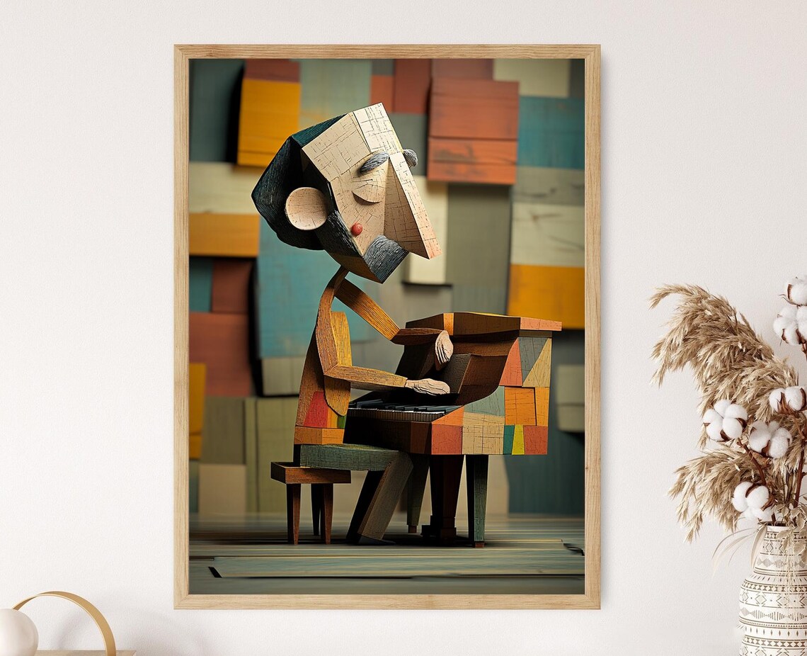 Geometric Wooden Man Playing Piano Cubist Sculpture Style Art Poster