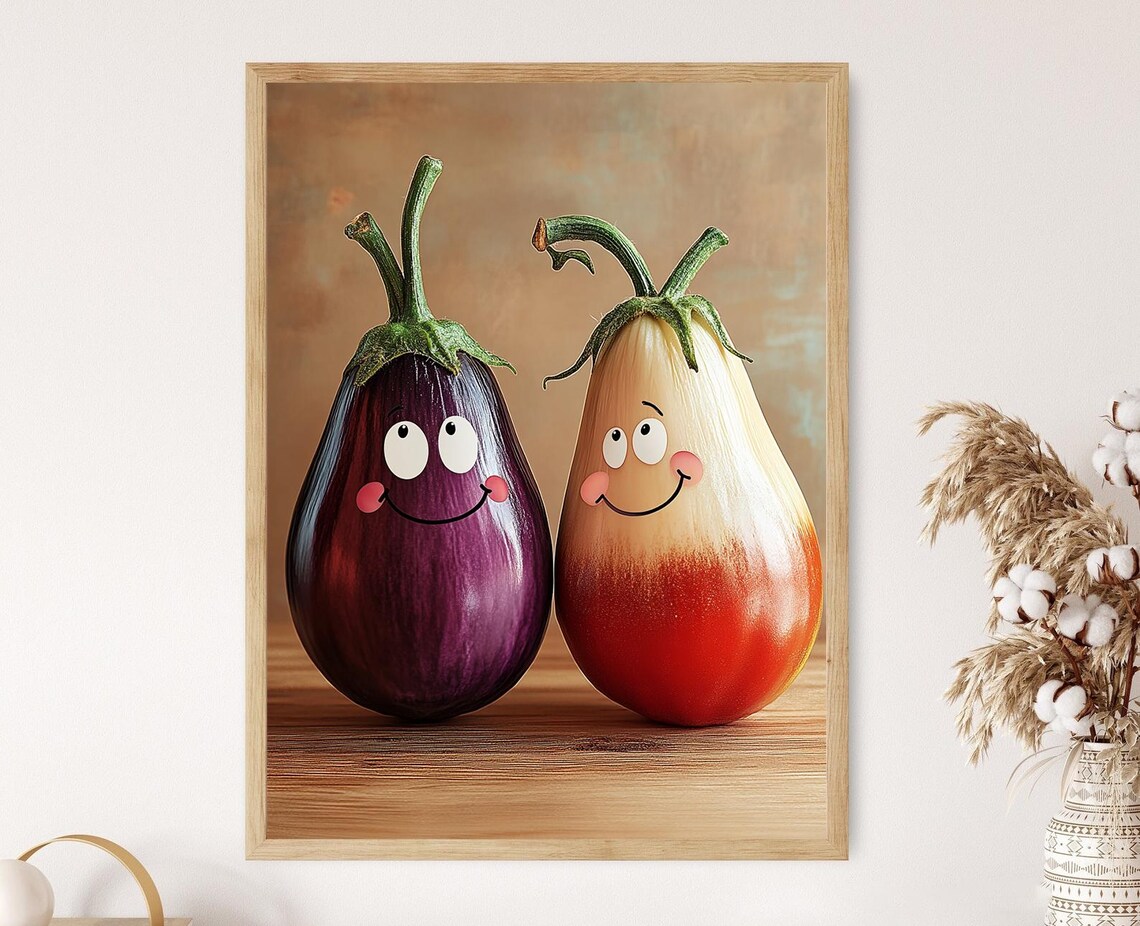 Eggplant Tomato Laughing Art Funny Vegetable Friends Print
