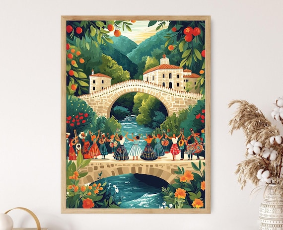 Traditional Macedonian Dance Scene, Folk Charm Art Print
