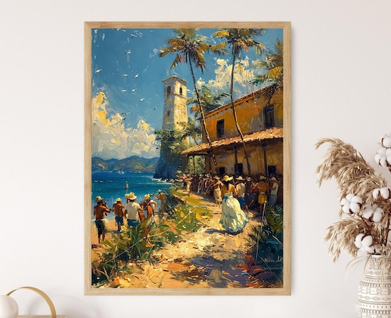 Coastal Village Festival Painting Church Tower Palm Trees Beach Poster