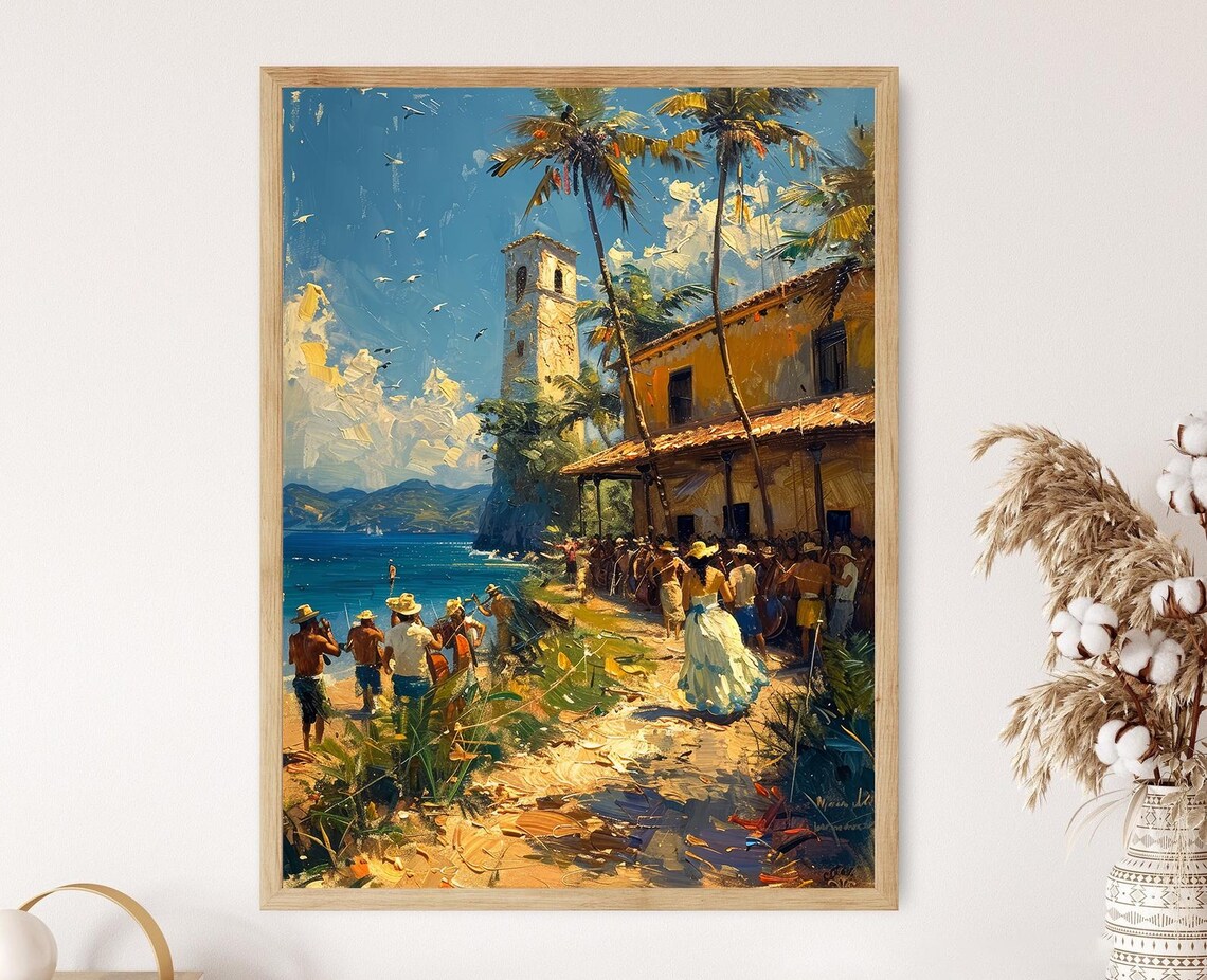 Coastal Village Festival Painting Church Tower Palm Trees Beach Poster