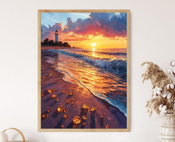 Amber Coast Lithuania Illustration Baltic Sea And Lighthouse Art Print