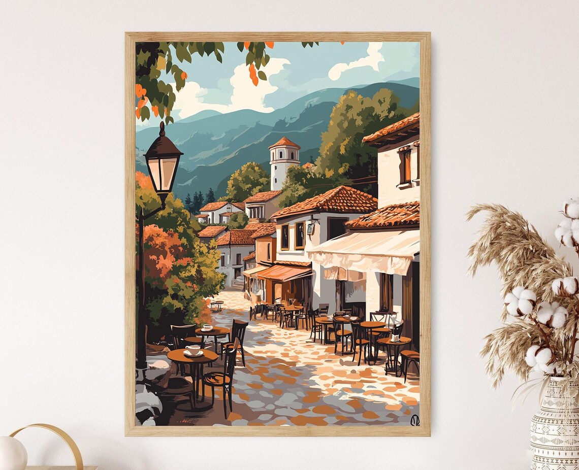 Kosovo Coffeehouse Art Print Flat Vector Illustration Cultural Lifestyle Decor