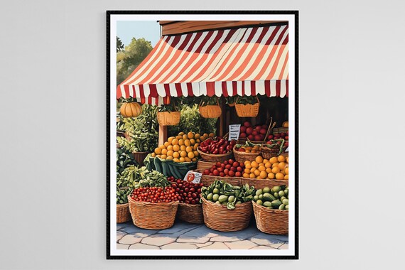 Charming Farmers Market Fruit Stand Art Print Colorful Fresh Produce Illustration