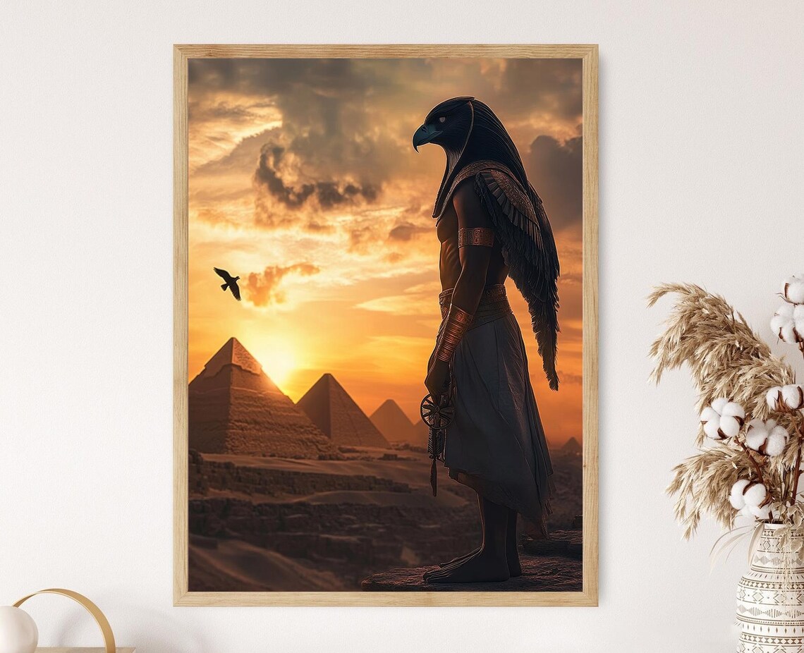 Horus Art Print, Falcon God And Pyramids At Sunset