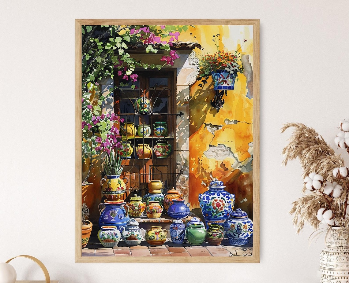 Colorful Talavera Pottery Piled at a Sunlit Mexican Shop Door Poster