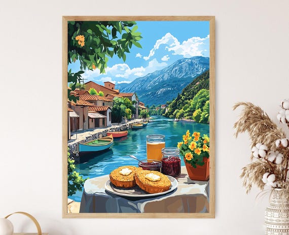 Rustic Breakfast In Struga Black Drin River View Macedonian Heritage Print