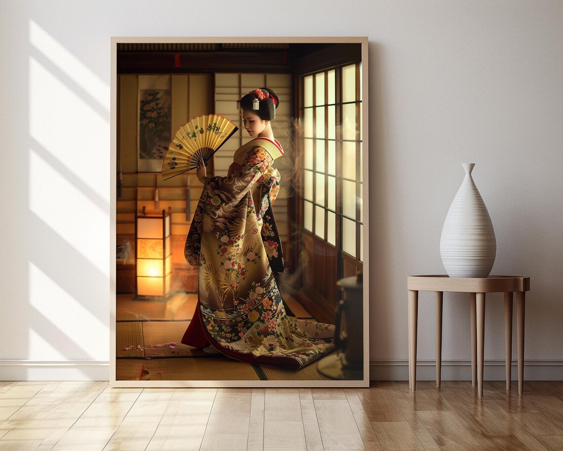 Japanese Geisha Art Print, Hand-Painted Wall Accent