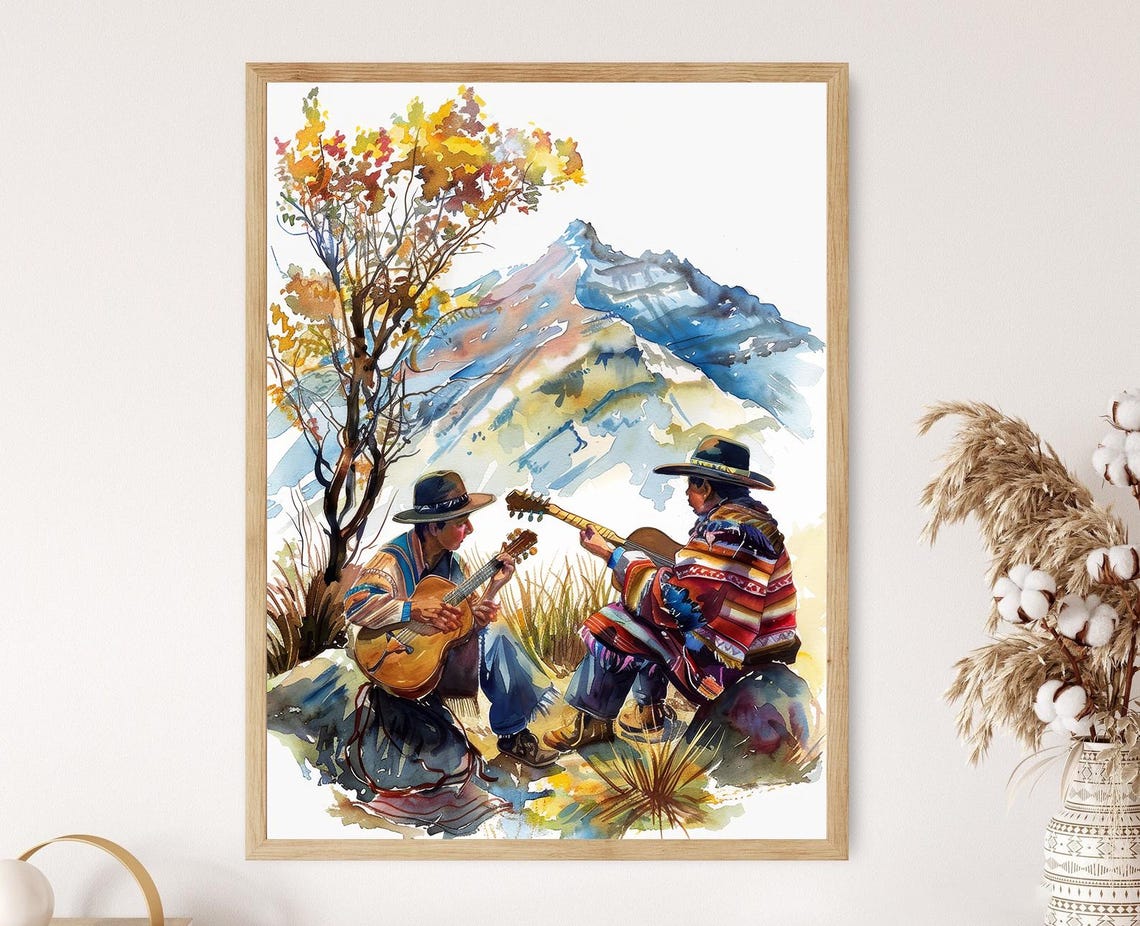 Bolivian Musicians Andean Instruments Mountain Landscape Watercolor Clipart