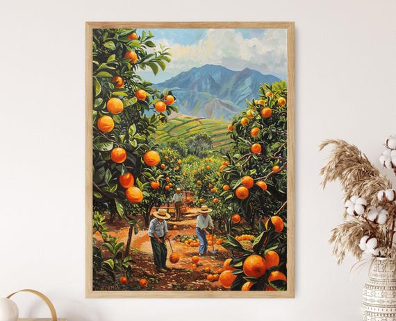 Mexican Citrus Orchard Art Farmers Harvesting Oranges Painting Lush Green Trees Print