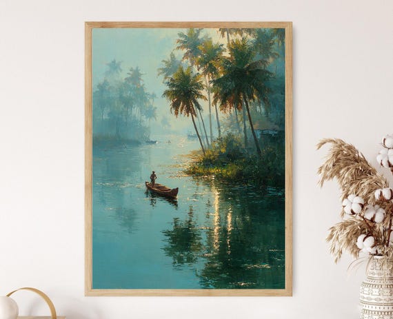 Kerala Fisherman Painting Canoe Casting Net On Palmlined Backwaters South India Coastal Life Art Print Poster