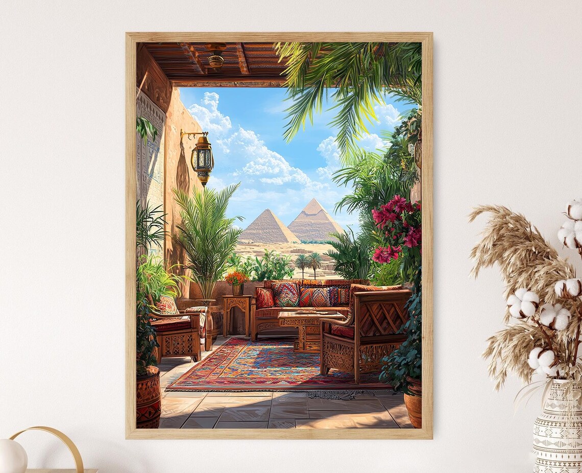 Egyptian Patio Art Print, Kilim Rug and Brass Lantern