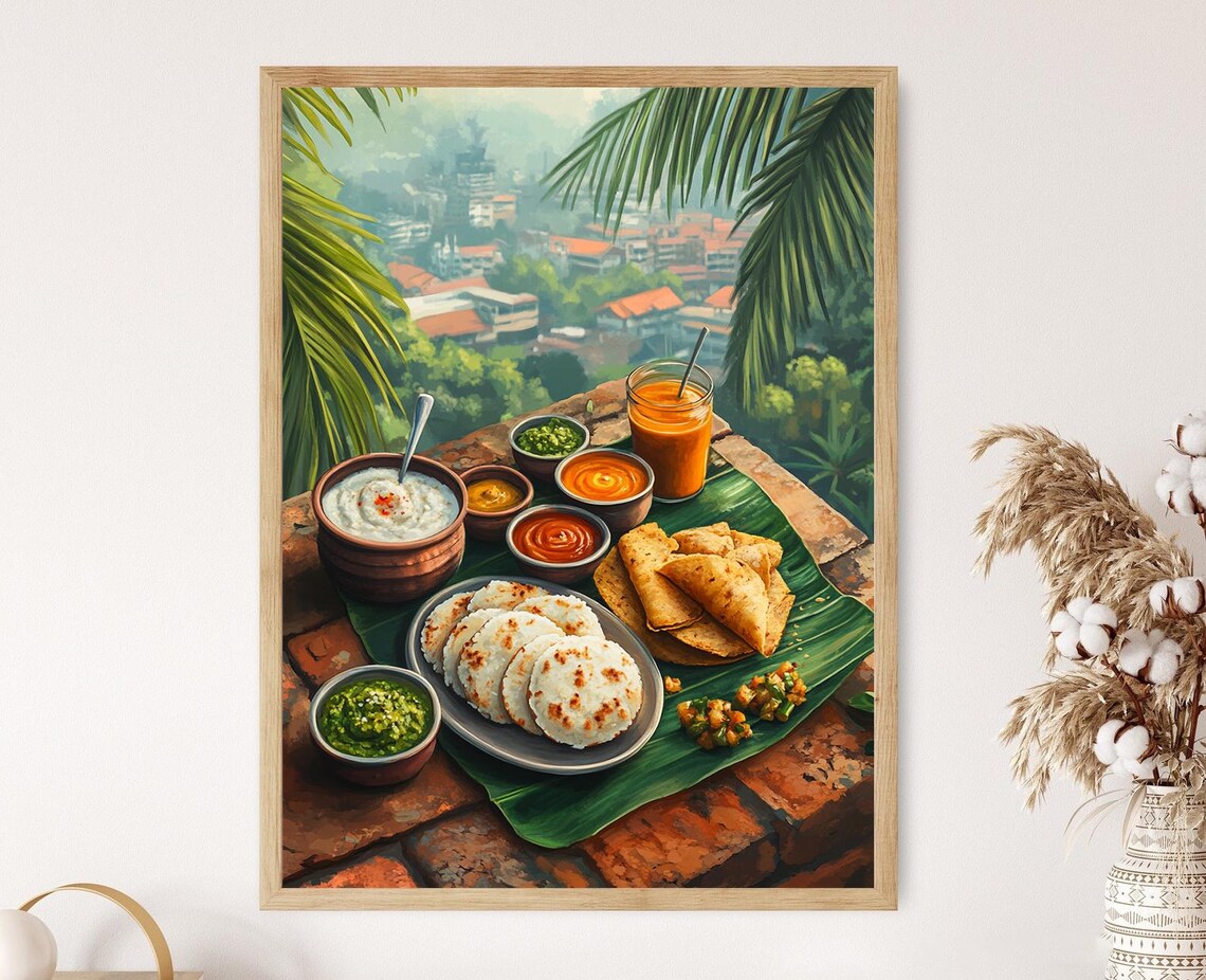 Bangalore Terrace With Idli Dosa And Filter Coffee Cultural Food Wall Art South Indian Breakfast Scene