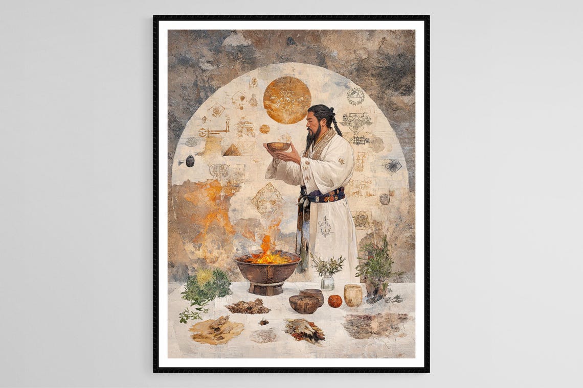 Mongol Shaman Ritual Art Print Spiritual Symbols Starry Night Cultural Heritage