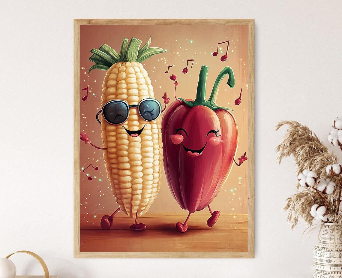 Dancing Corn And Pepper Illustration Funny Kitchen Wall Art