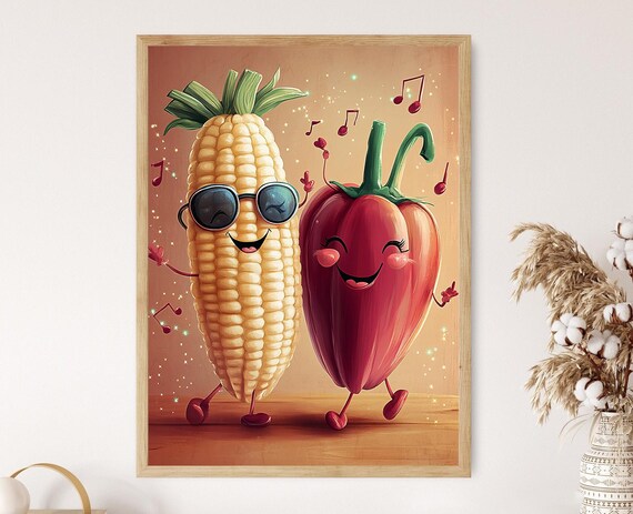 Dancing Corn And Pepper Illustration Funny Kitchen Wall Art