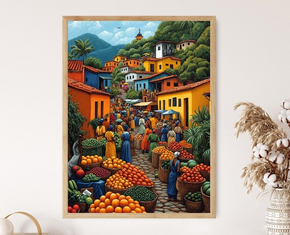 Niger Marketplace Illustration Colorful Farm Market Painting African Fruit Art Wall Art For Kitchen African Restaurant Decor