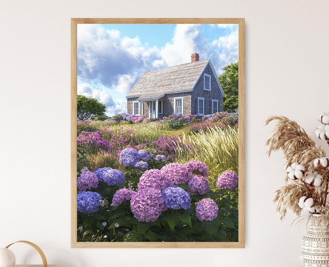 Nantucket Hydrangea Garden, Coastal Cottage Art Print