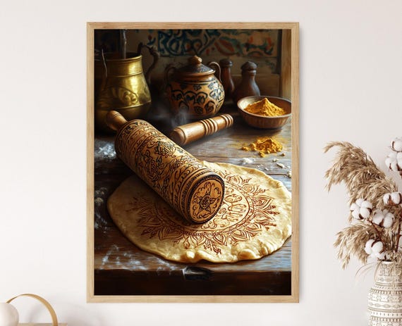 Indian Chakla Belan Art Print Hand Carved Wooden Rolling Pin Traditional Mandala Motifs