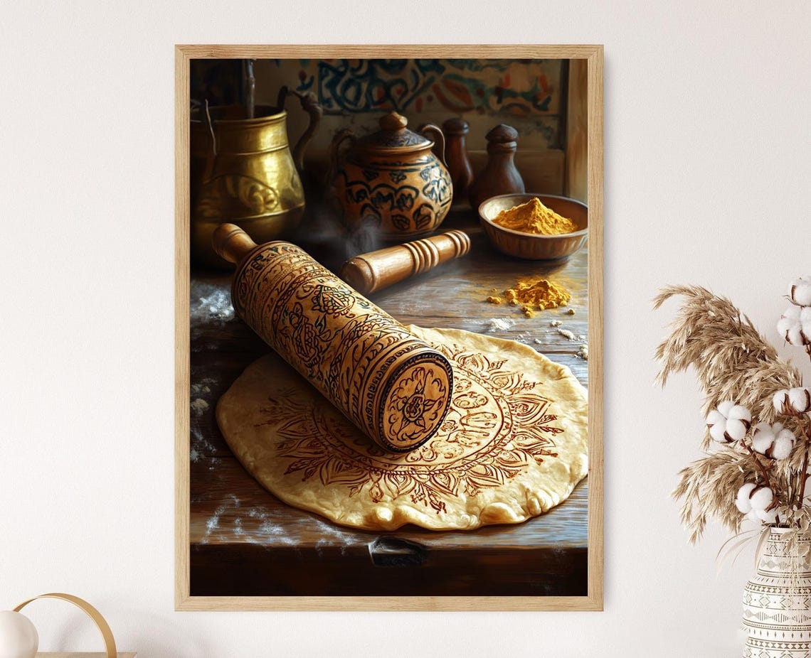 Indian Chakla Belan Art Print Hand Carved Wooden Rolling Pin Traditional Mandala Motifs