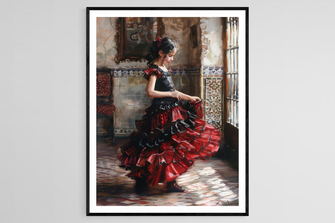 Flamenco Dancer Girl Art Print, Vibrant Dynamic