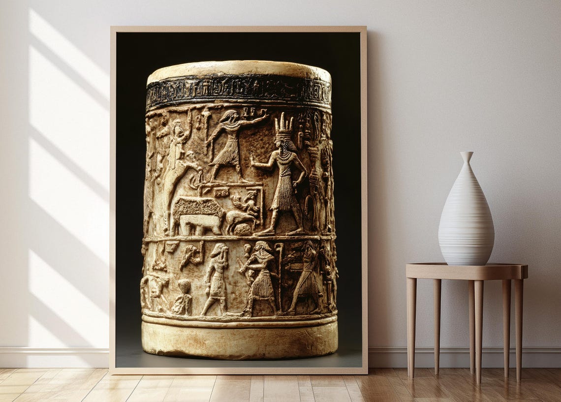 Babylonian Cylinder Seal Art Print Intricate Mythological Carvings