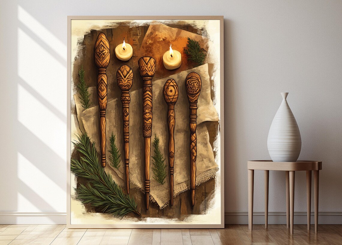 Hand Carved Wooden Shepherd Staffs with Candles Faith Poster