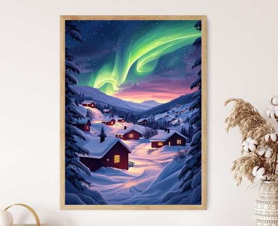 Kiruna Northern Lights Winter Art Print Snowy Swedish Lapland Decor Arctic Landscape Wall Art