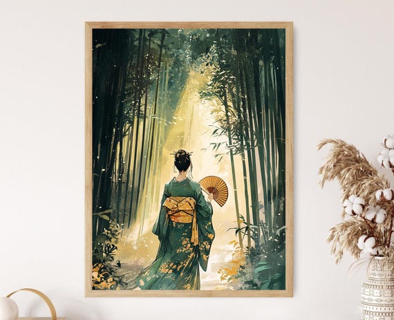 Japanese Bamboo Forest With Traditional Kimono Woman Art Print