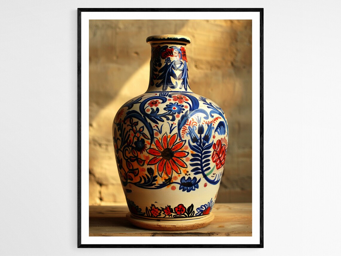 Traditional Mexican Talavera Vase With Blue Floral Patterns Art Print