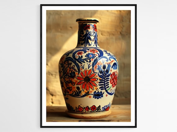 Traditional Mexican Talavera Vase With Blue Floral Patterns Art Print