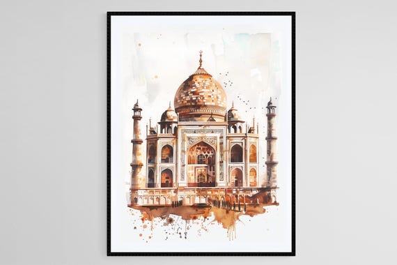 Taj Mahal Watercolor Art Print, Indian Landmark