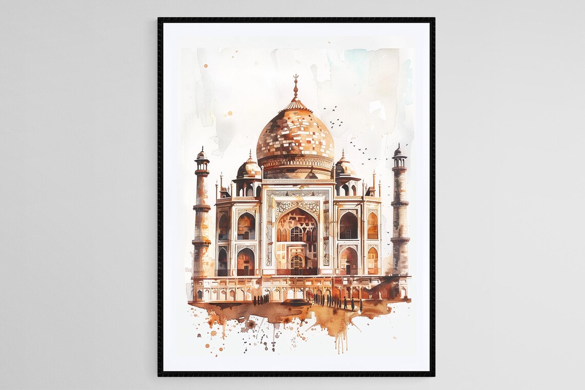 Taj Mahal Watercolor Art Print, Indian Landmark