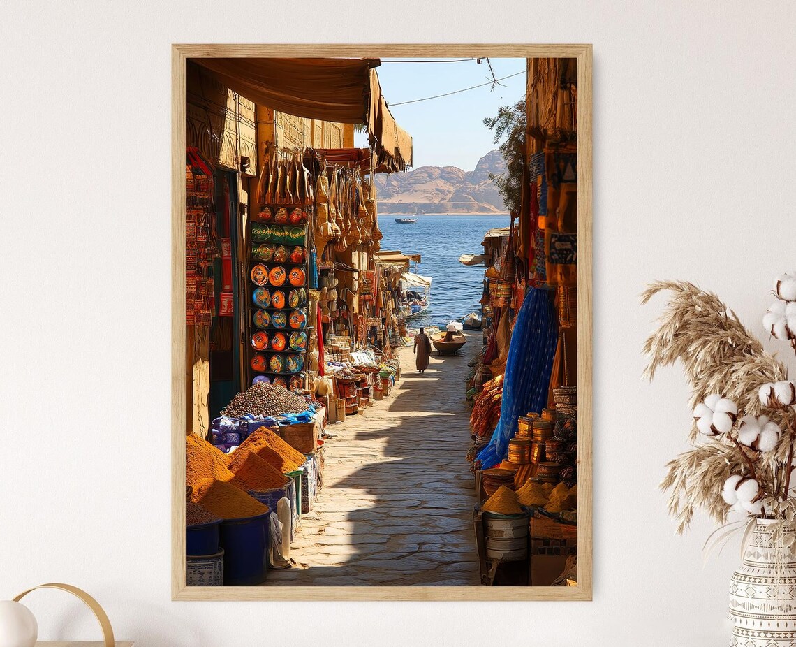 Aswan Market, Vibrant Nile River Scene Art Print