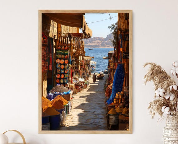 Aswan Market, Vibrant Nile River Scene Art Print