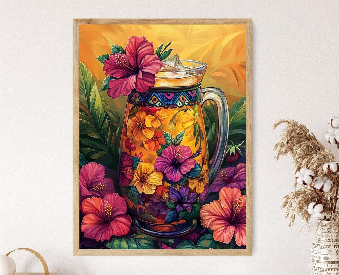 Agua de Jamaica Hibiscus Drink in Floral Glass Pitcher Art Poster