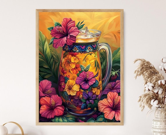 Agua de Jamaica Hibiscus Drink in Floral Glass Pitcher Art Poster