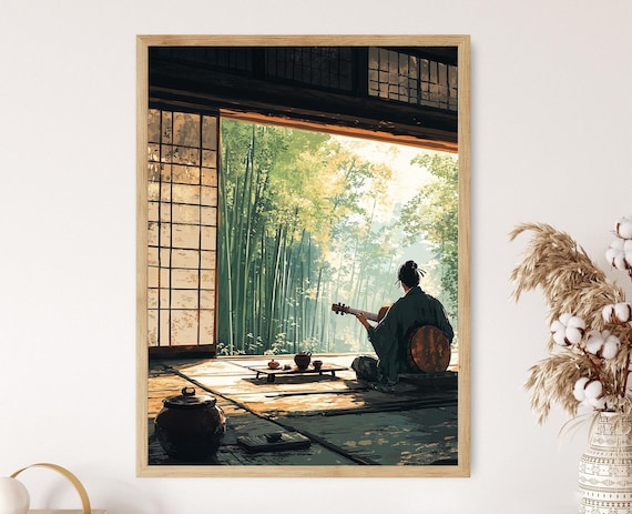 Shamisen Music Scene In Japanese Tea House Art Print Cultural Music Decor