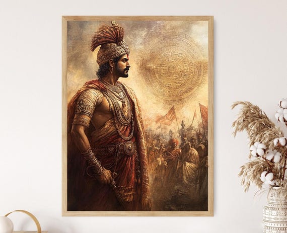 Maurya Empire Ashoka Art Print Traditional Royal Attire Ashoka Chakra Historical Indian Leader