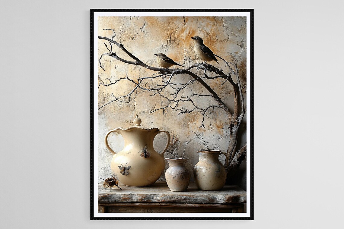 Ceramic Vase Birds And Branches Still Life Art Print