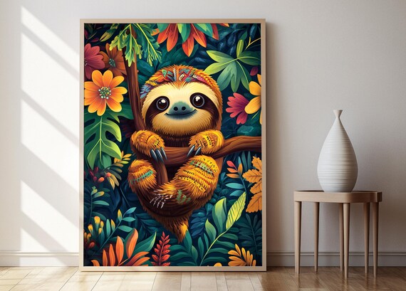 Sloth Hanging From Branch Jungle Poster With Tribal Inspired Fur Patterns