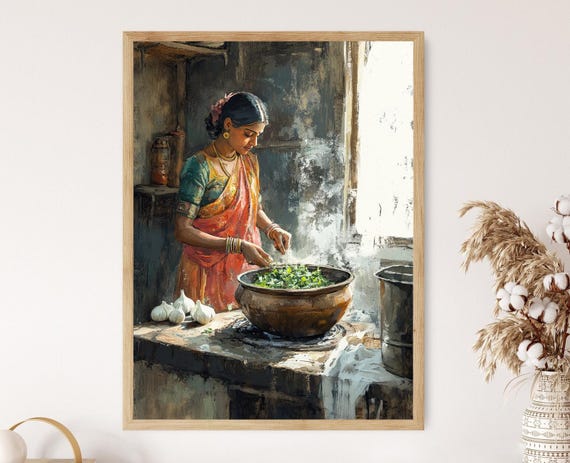 Indian Dal Cooking Art Print Rustic Kitchen Scene Indian Restaurant Art