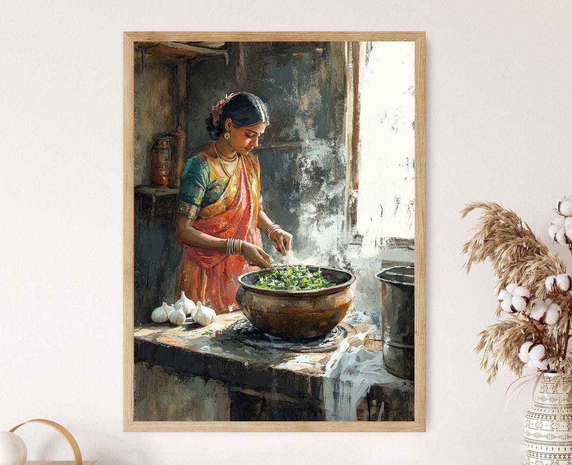 Indian Dal Cooking Art Print Rustic Kitchen Scene Indian Restaurant Art